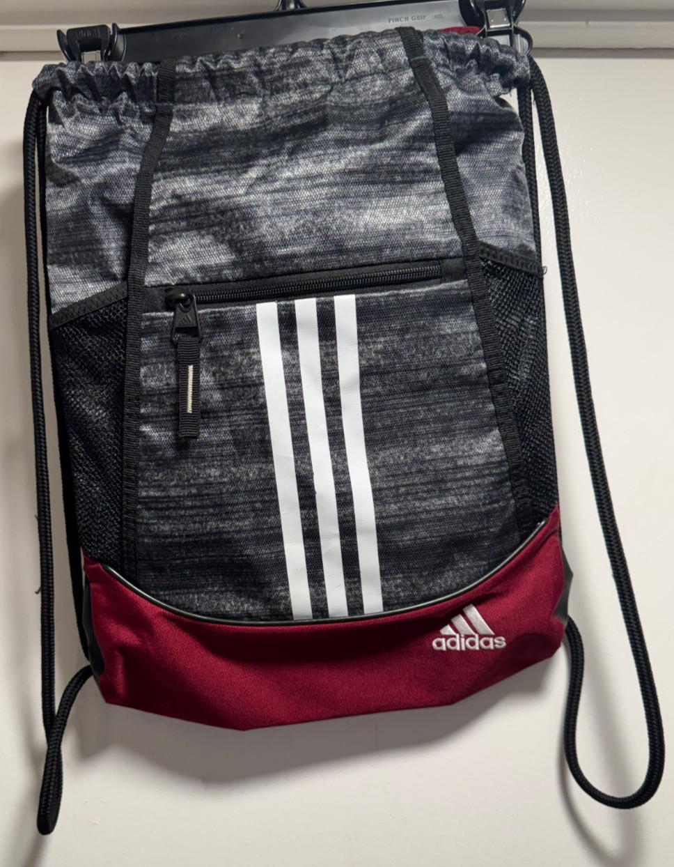 Adidas Red Black Gray 3 Stripes Lightweight Tote Drawstring Backpack Gym School