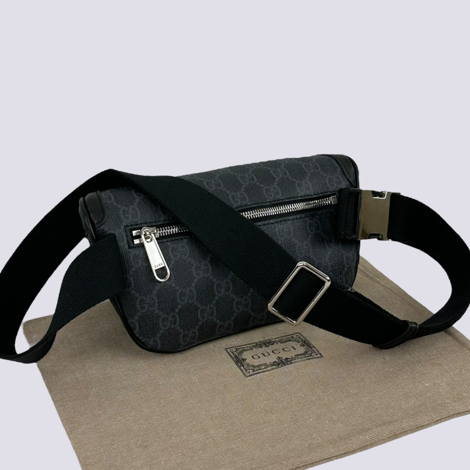 Gucci GG Monogram Logo Interlocking G Canvas Crossbody Belt Bag Black 682933