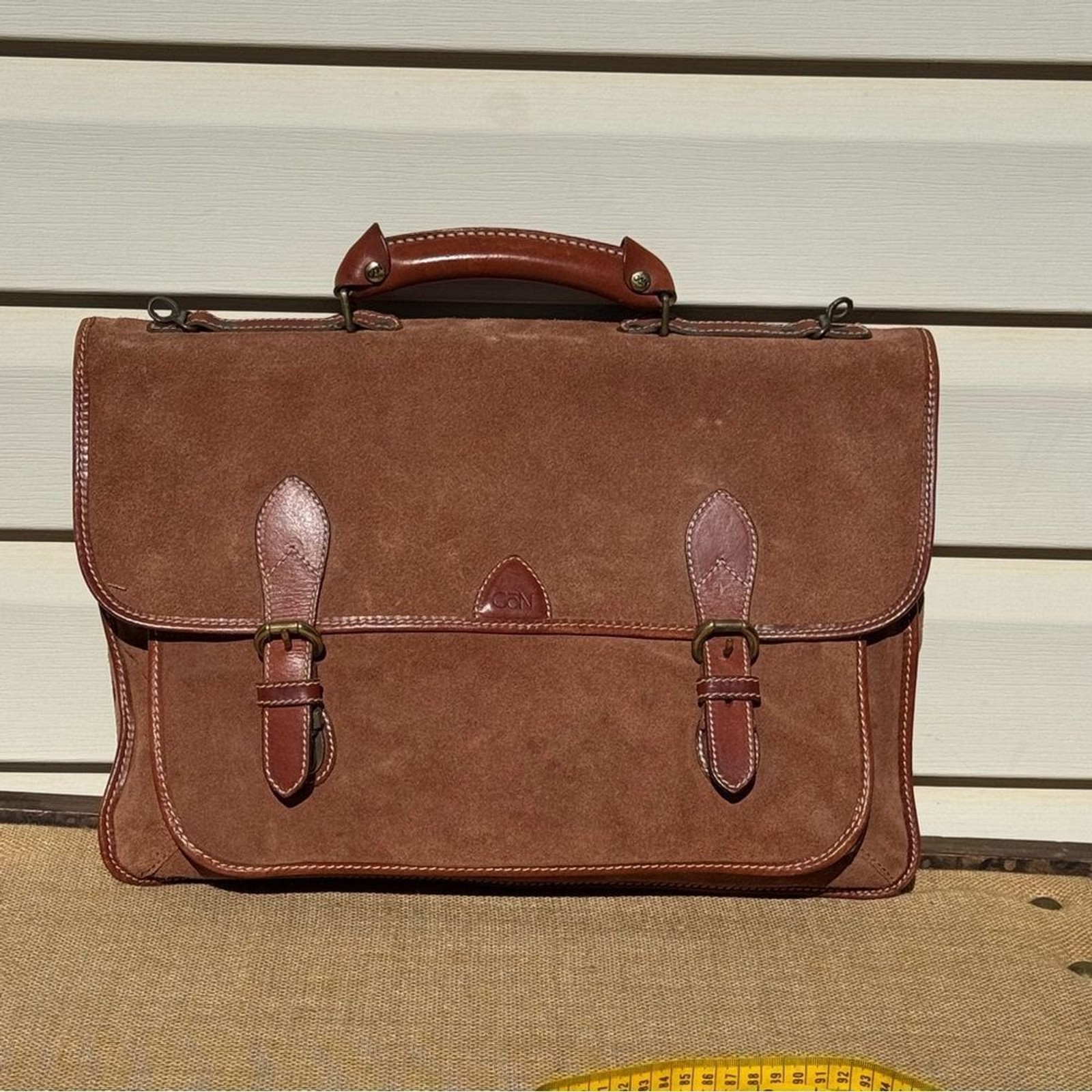 GoN Vintage Leather Suede Briefcase Messenger Bag Brown Plaid Lined 17”