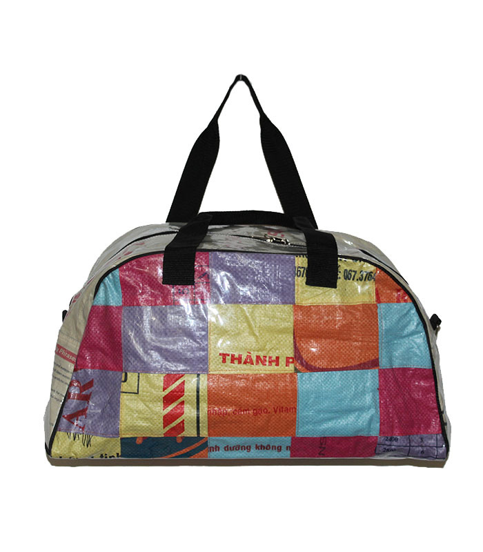 Fair Trade Patchwork Travel Bag Handmade in Cambodia from Cement and Fish Bags