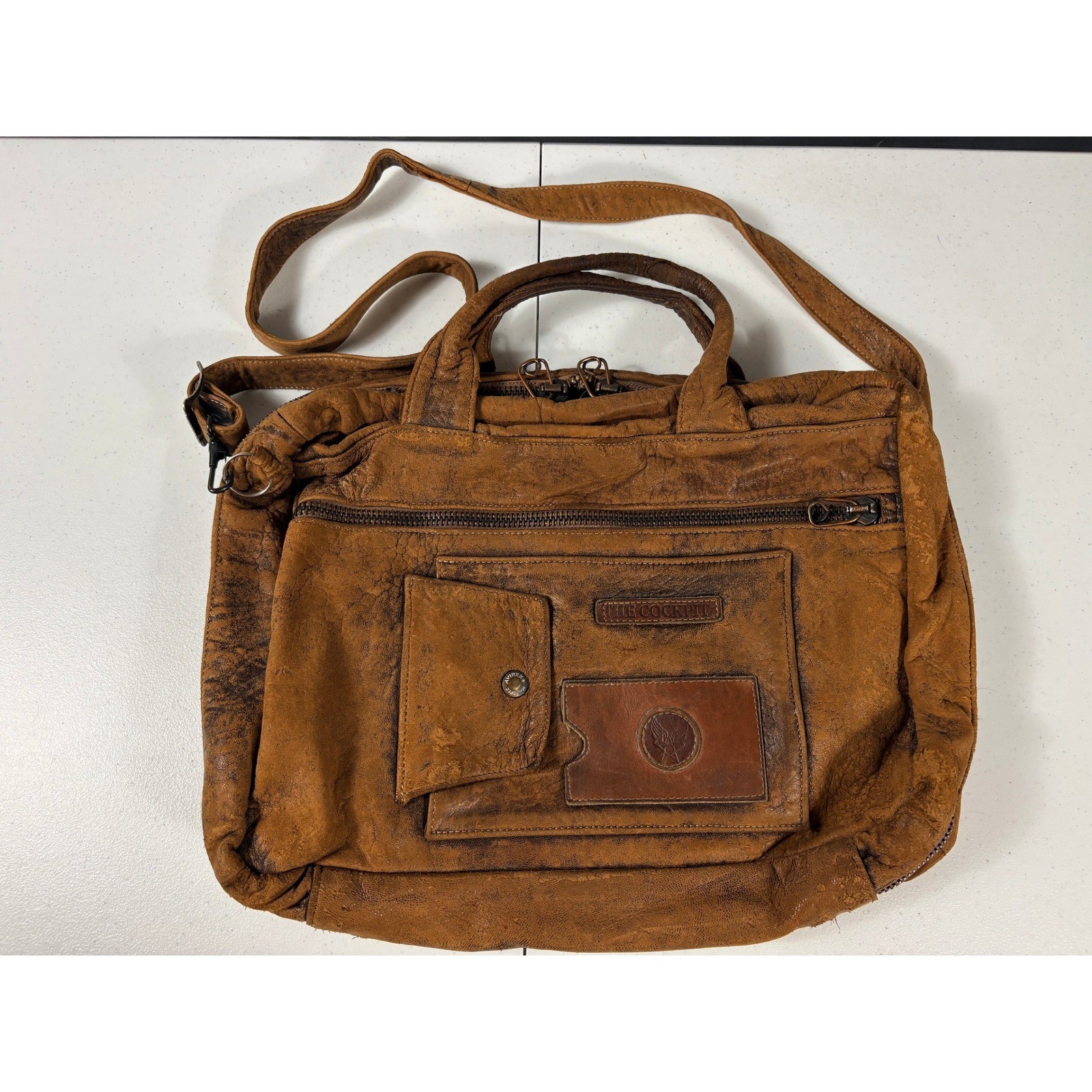 Avirex The Cockpit Brown Distressed Leather Messenger Bag Map Lining Vintage