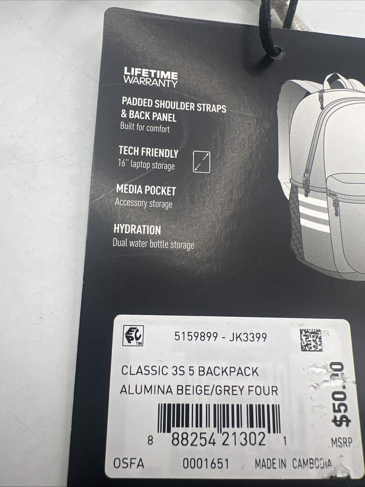 Adidas Classic 3 S5 Backpack Bookbag Laptop Bag Jk3399 Alumina/Grey NWT
