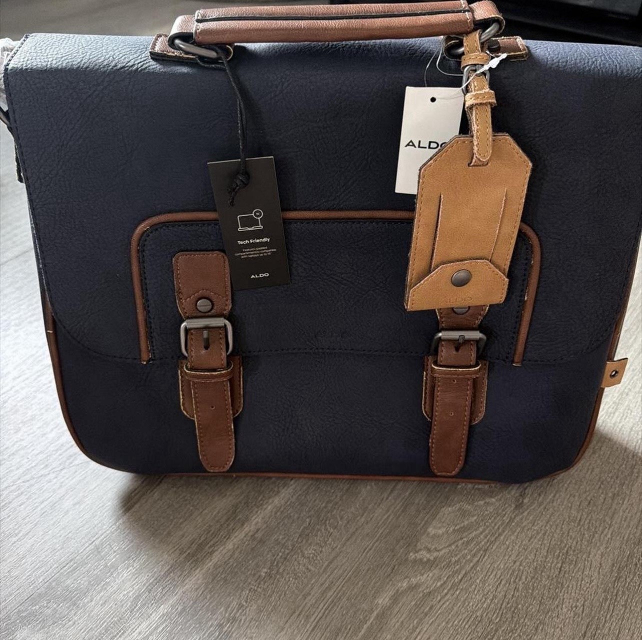 ALDO Men’s Navy/Brown Messenger Bag Crossbody Strap Buckle Zip Business