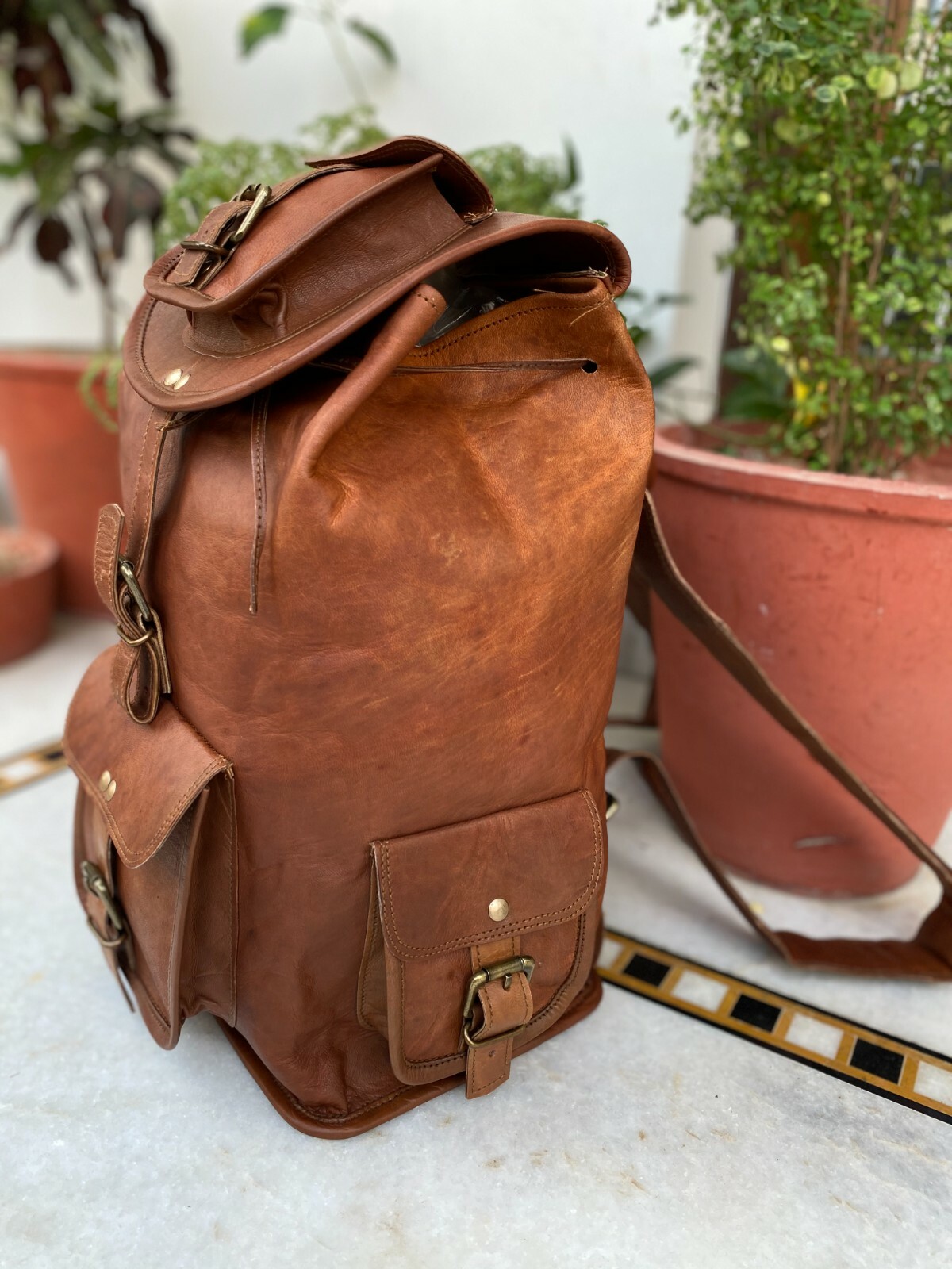 20 Inch New Large Leather Back Pack Chest Hiking Rucksack Travel Bag For Men’s