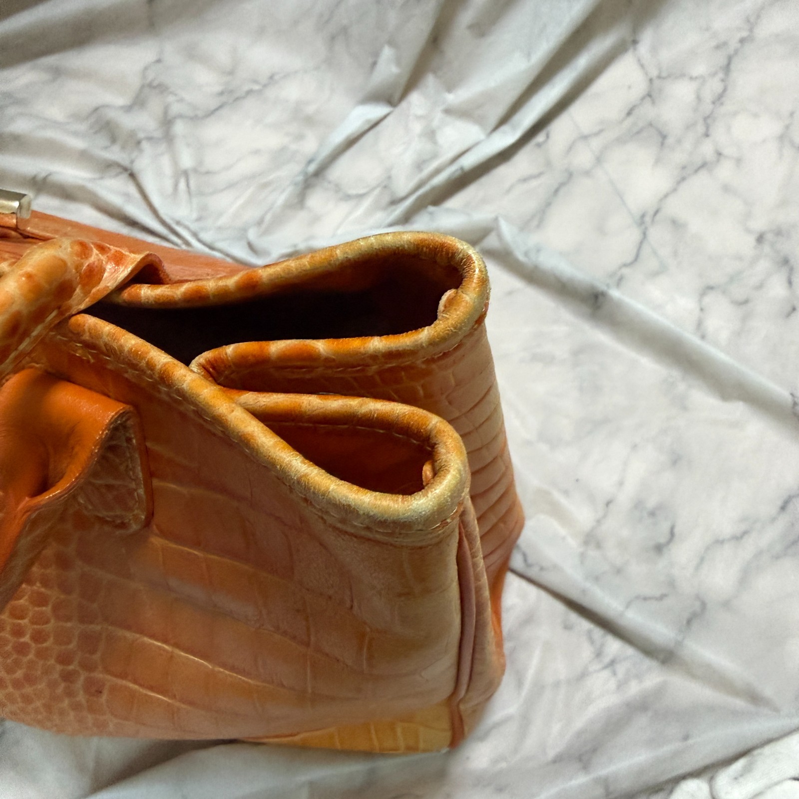 LONGCHAMP Leather Croco Croc Embossed Handbag Roseau Tote Bag orange Width: 33cm