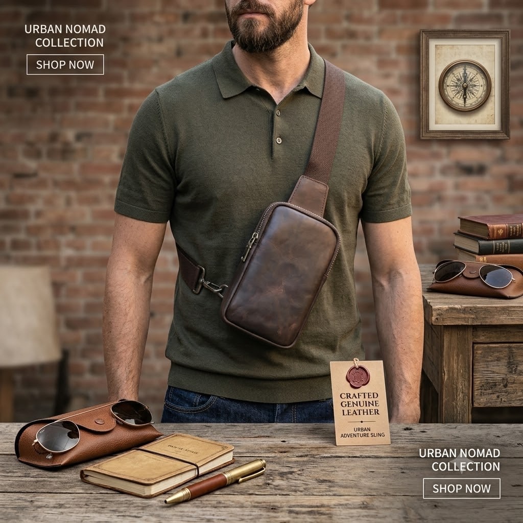Leather Crossbody Sling Bag Men Adjustable Shoulder Travel Chest Backpack
