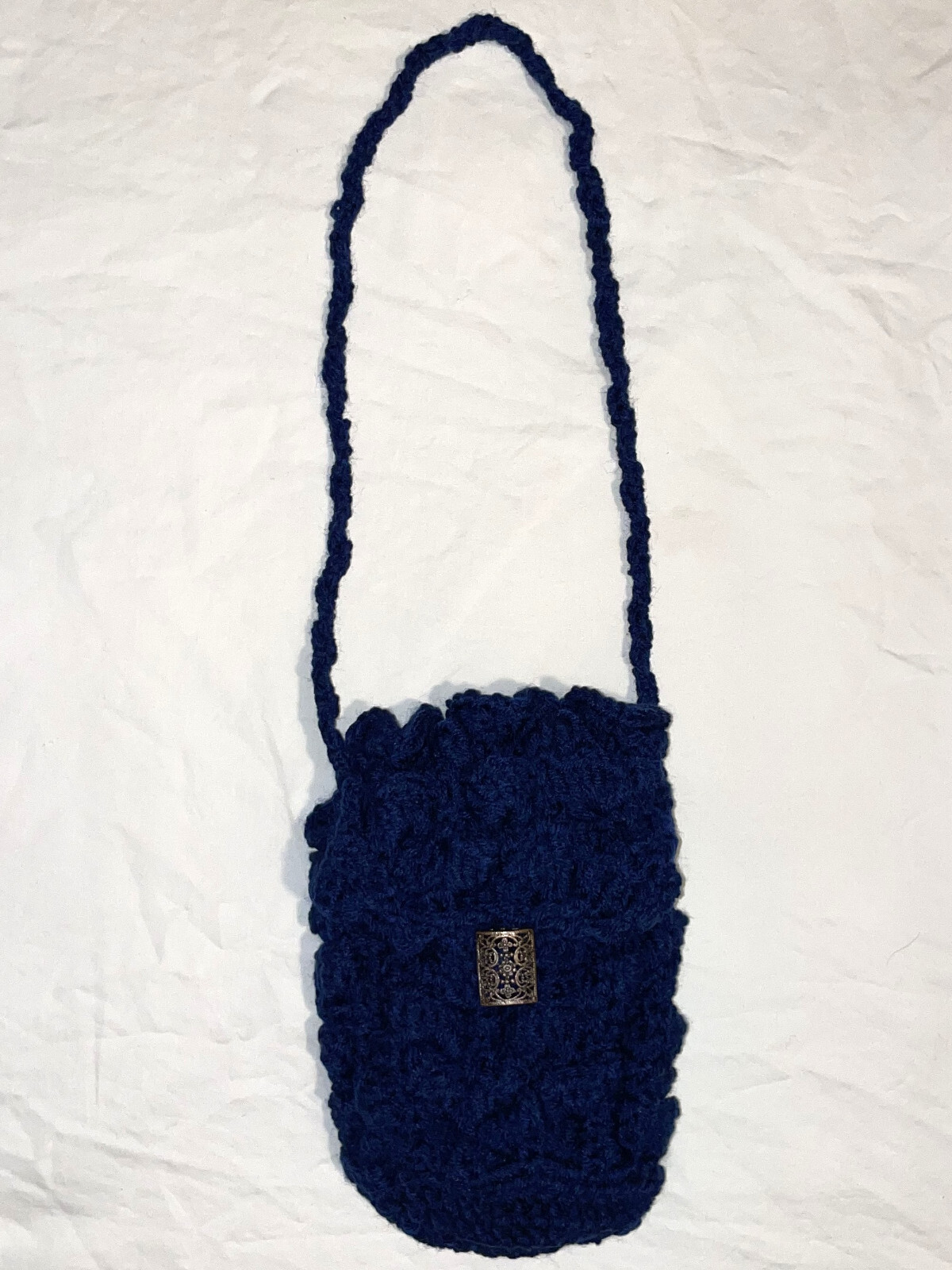 HANDMADE Knit CROCHET Dark NAVY BLUE Small SHOULDER BAG with BRONZE Metal BUTTON