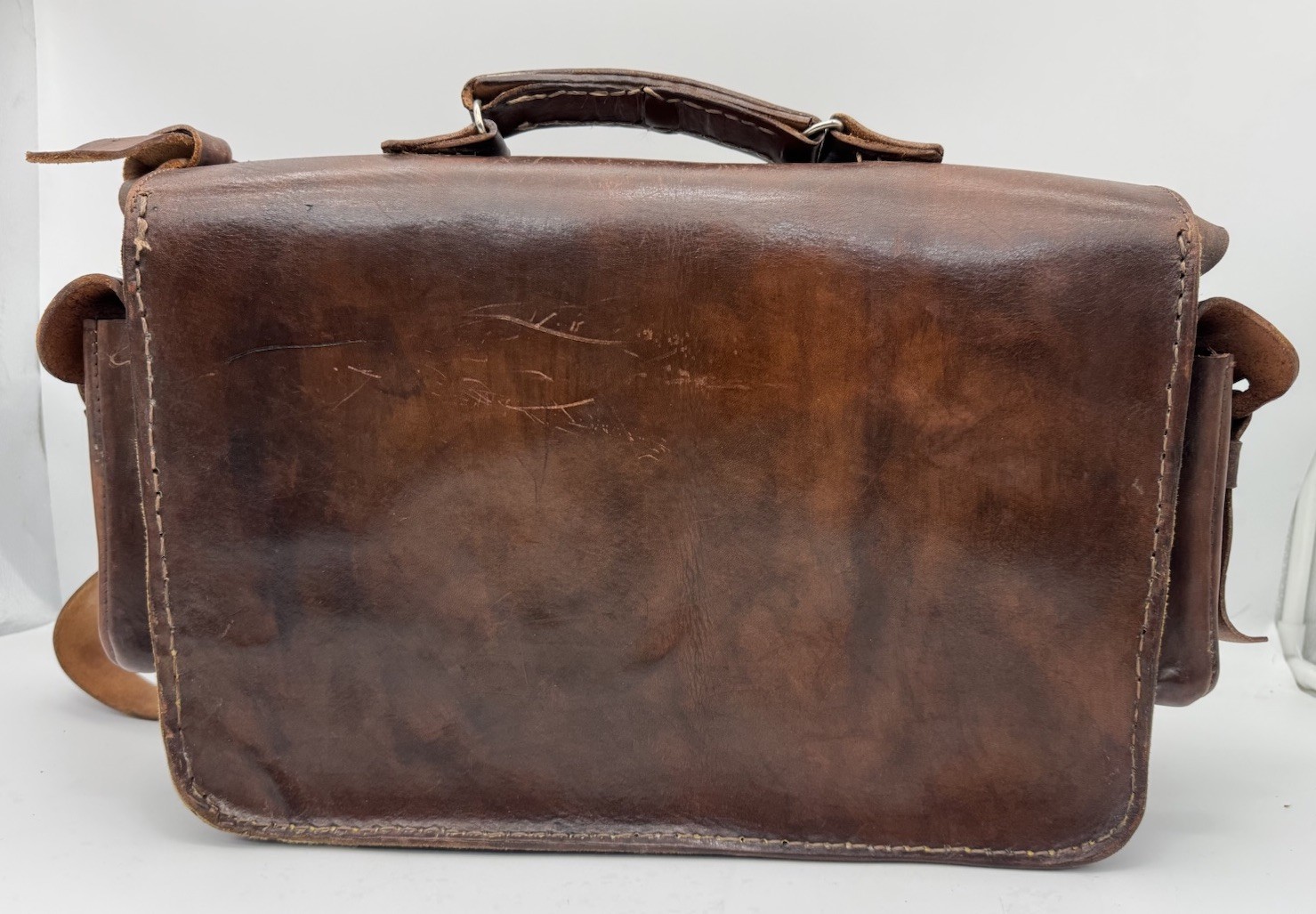 Vintage Full Grain Leather Messenger Bag Handmade Guatemala Heavy Satchel