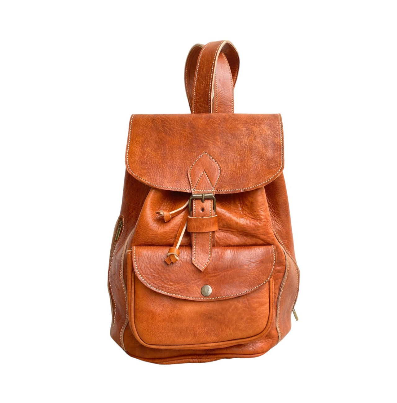 Cognac Leather Backpack Handmade Morocco Button Closure Back Zip Pocket