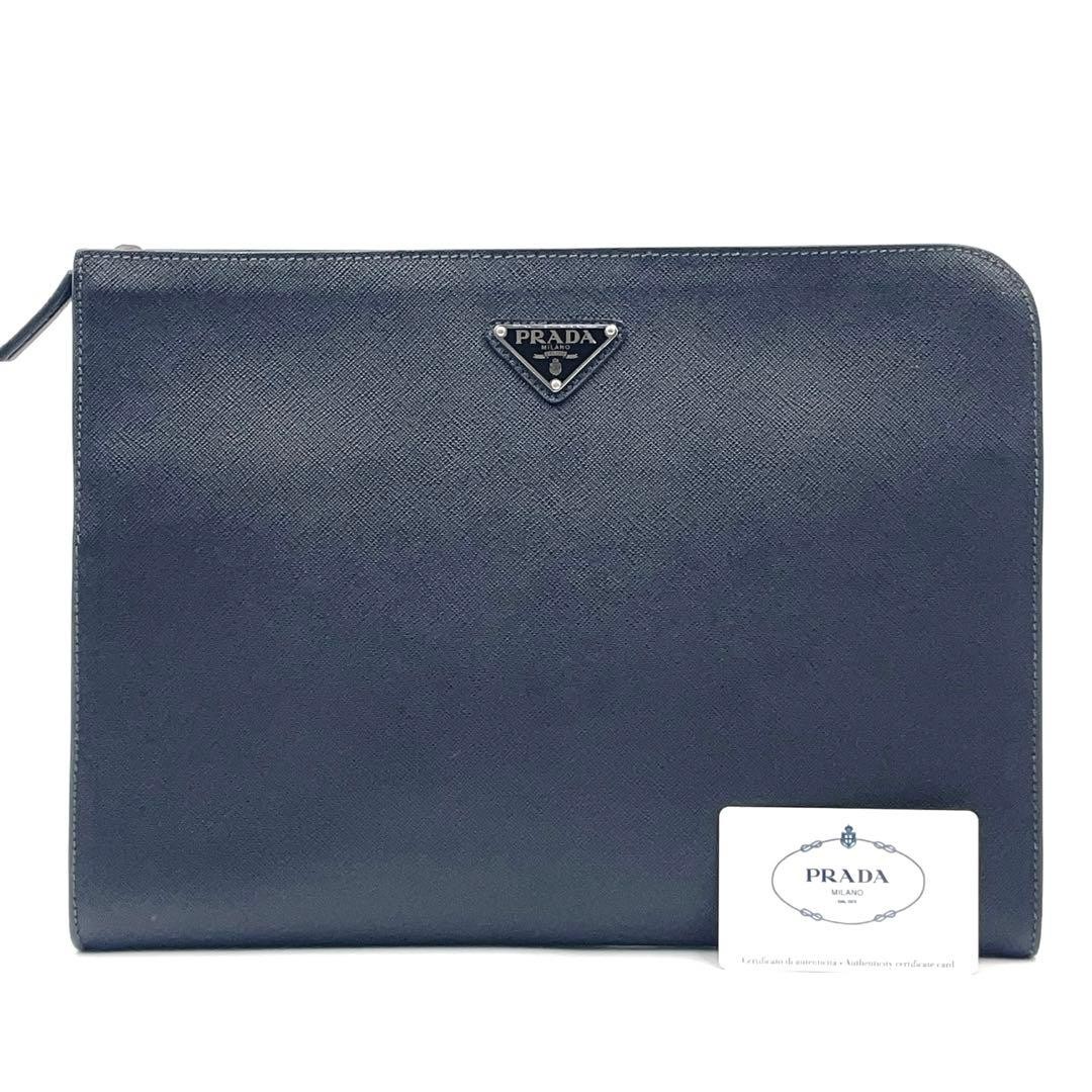 PRADA 2VN003 Saffiano Triangle Leather Clutch Bag Black A4 Business Case