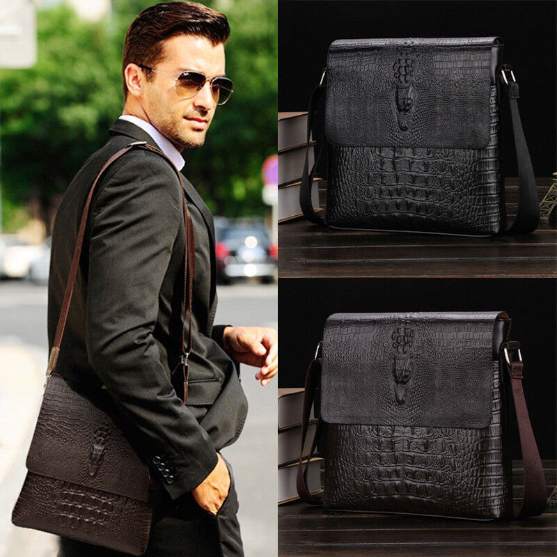Men’s Sling Shoulder Bag Leather Black Crocodile Crossbody Bag 10″ Messenger Bag
