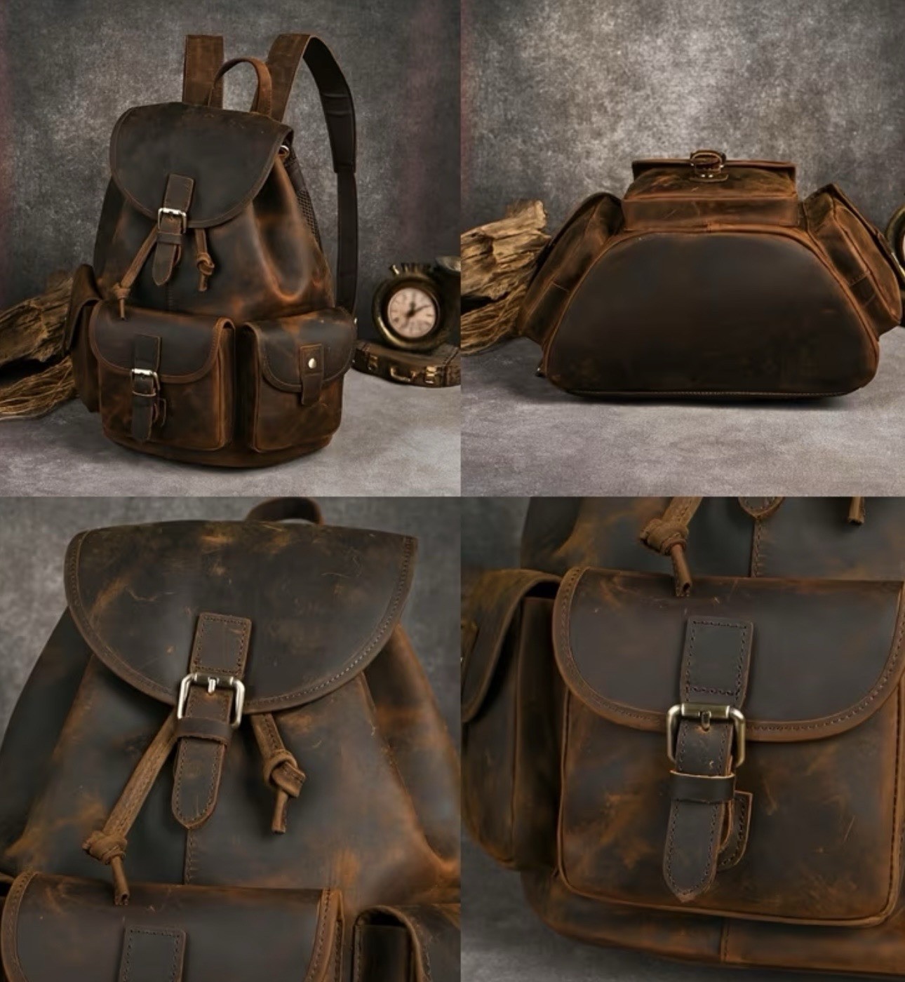 Brown Leather Backpack – Buckle & Drawstring Closure, Outer Pockets, Retro Style
