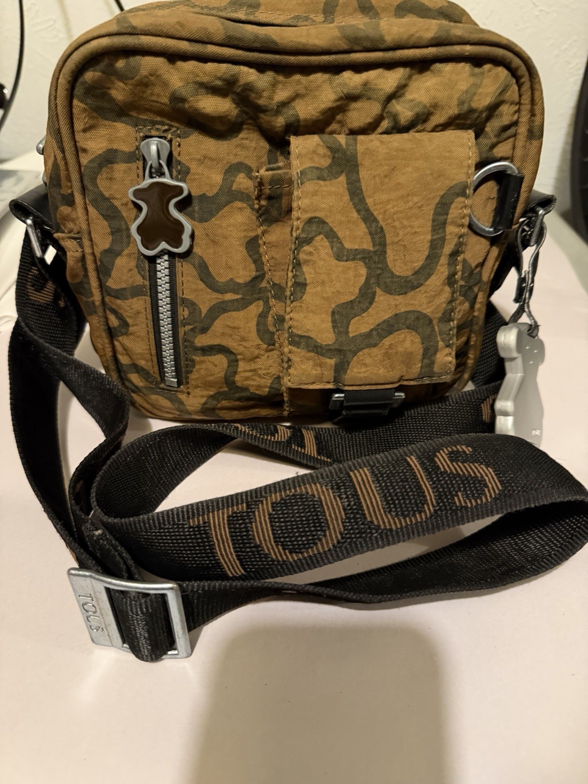 TOUS Bear Motif Brown Shoulder Bag Adjustable Strap Inner Outer Pockets Abstract