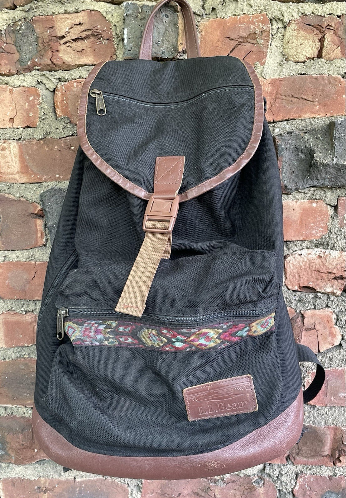 L.L. Bean Drawstring Rucksack Black Backpack Aztec Southwest Nylon Leather USA