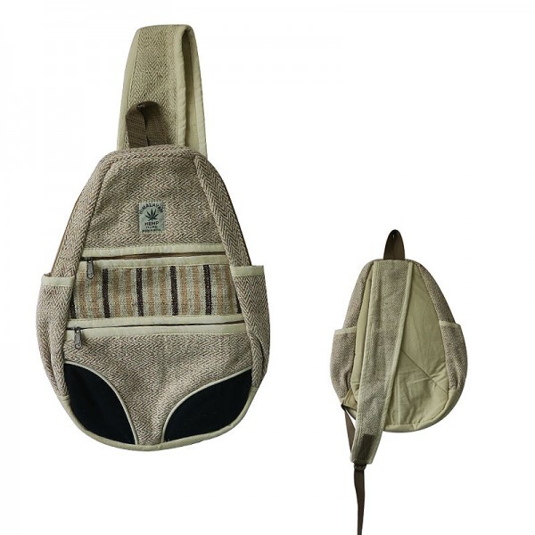 Small Natural Hemp Herringbone Sling Bag Backpack Day Pack, 15 x 9 Inches