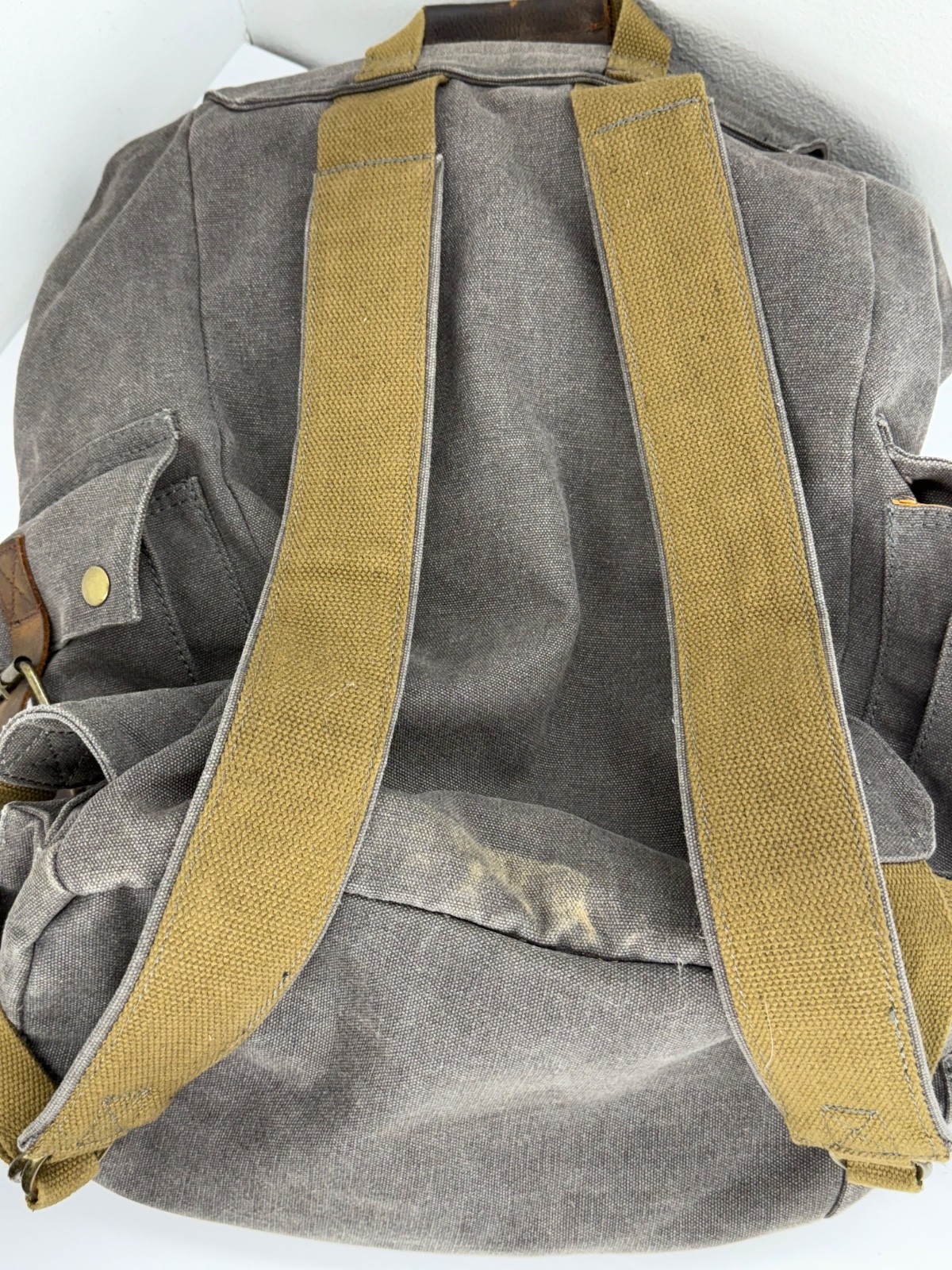 KATTEE Leather Backpack Canvas Travel Bag Rucksack Gray Brown Pockets Buckles