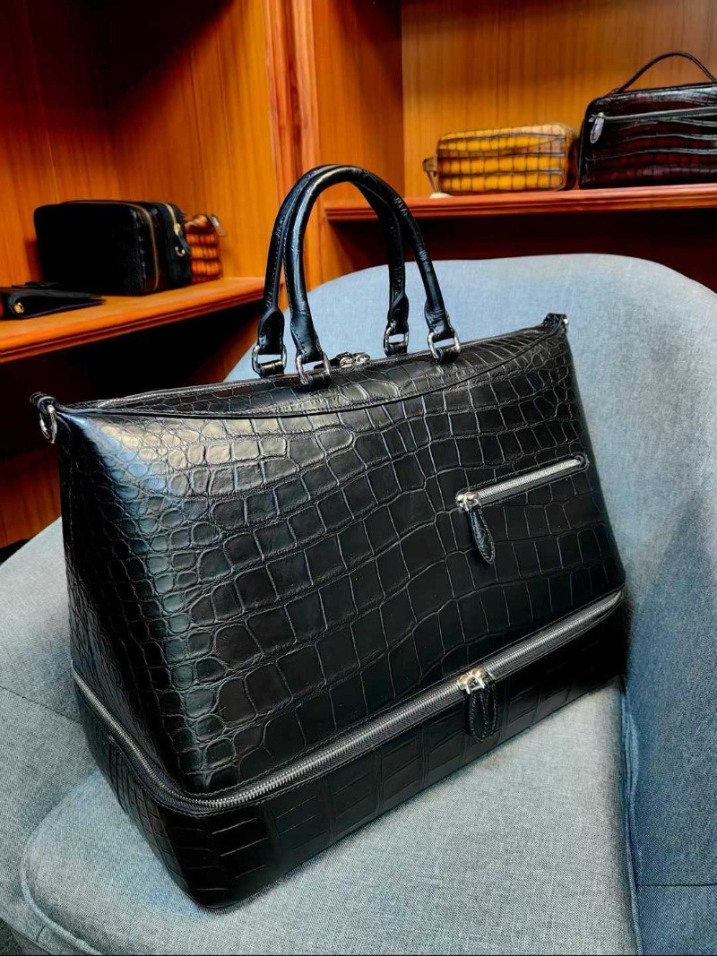 Handcrafted Real Croco Belly Leather Double Layer Business Handbag Travel
