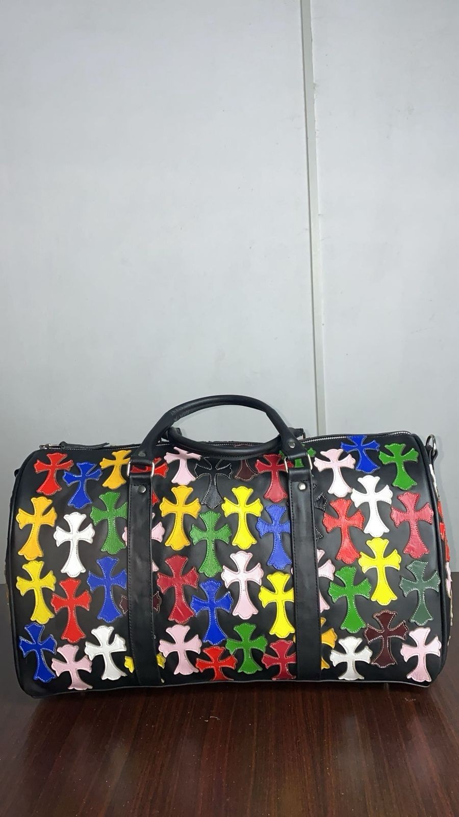Custom Made Cowhide Leather Chrome Heart Duffle Bag Black Color S M L size