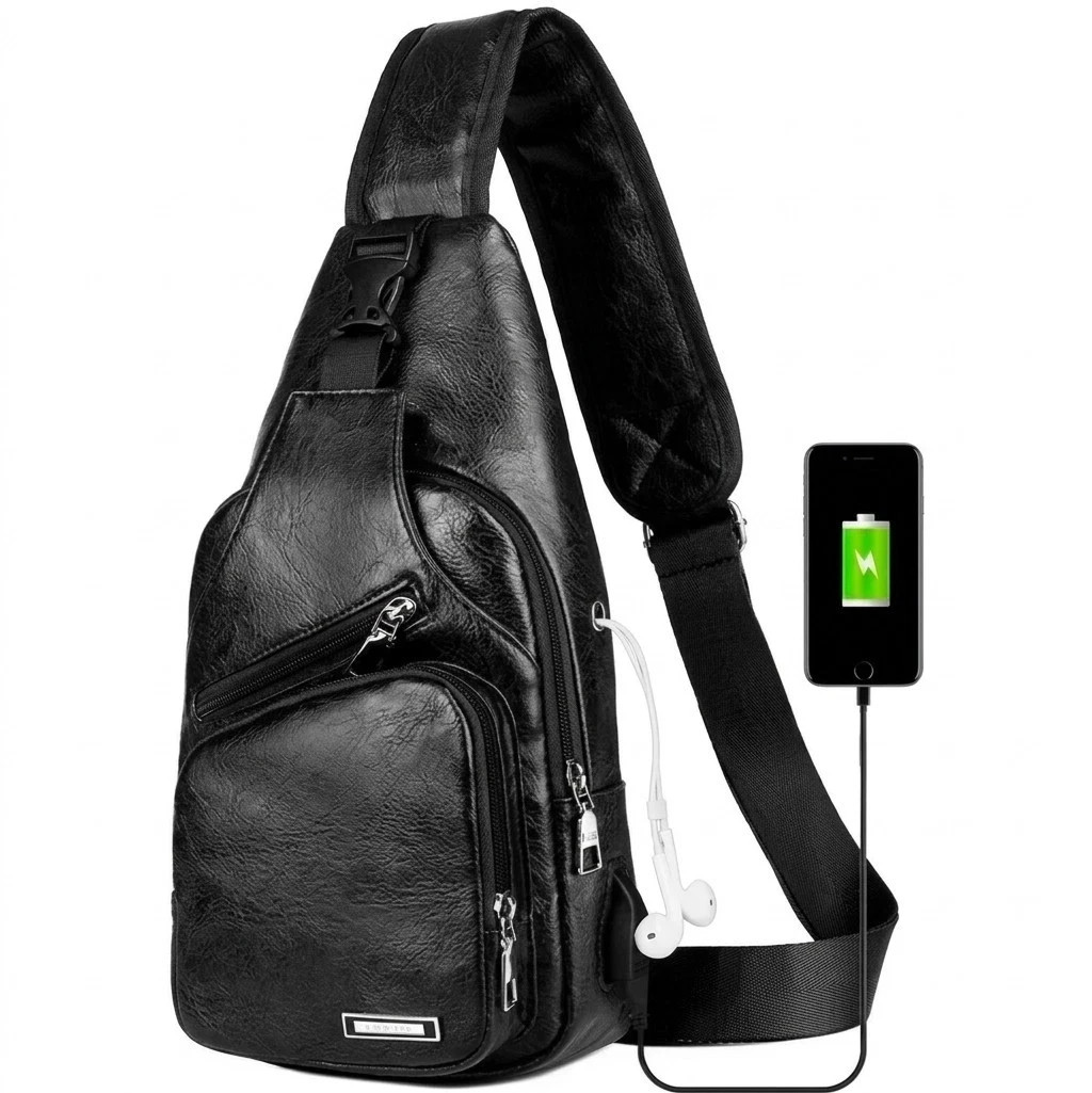 Black Chest Crossbody Bag Sling Backpack for Men with USB Charge Port Hole