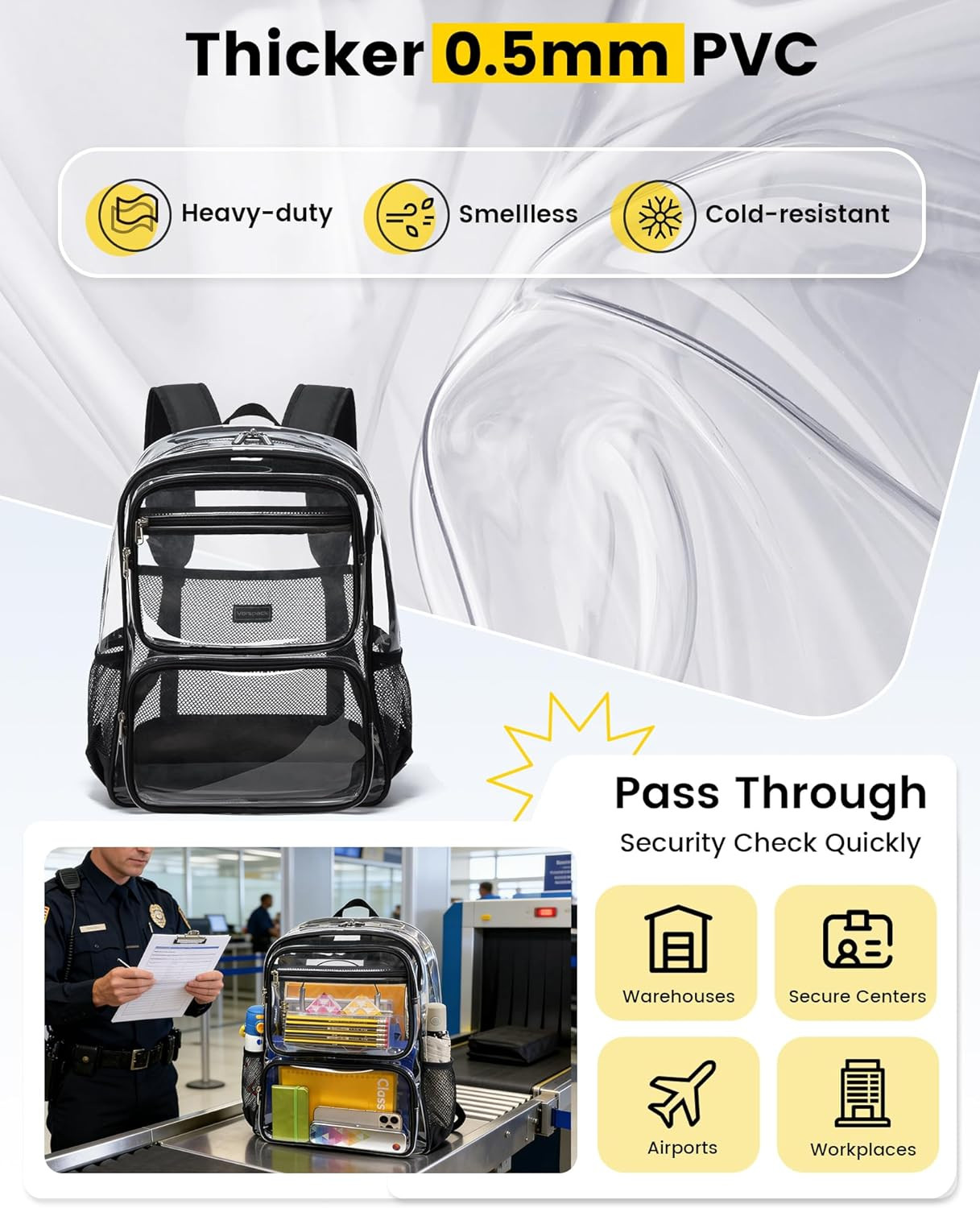 Clear Backpack with TSA Lock, Large Clear Bookbag, Black | Heavy Duty See throug