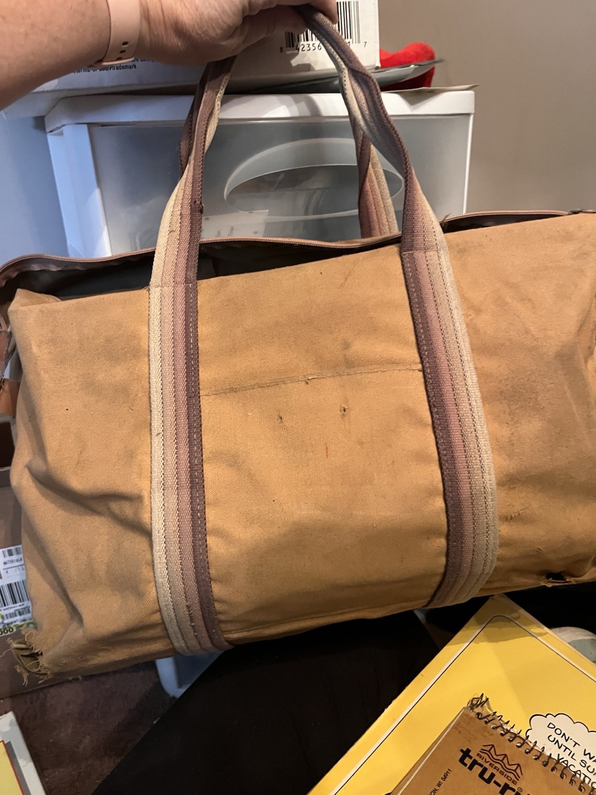 Vintage 1970’s Distressed Tan Canvas Duffle Bag Leather Straps Used With Holes