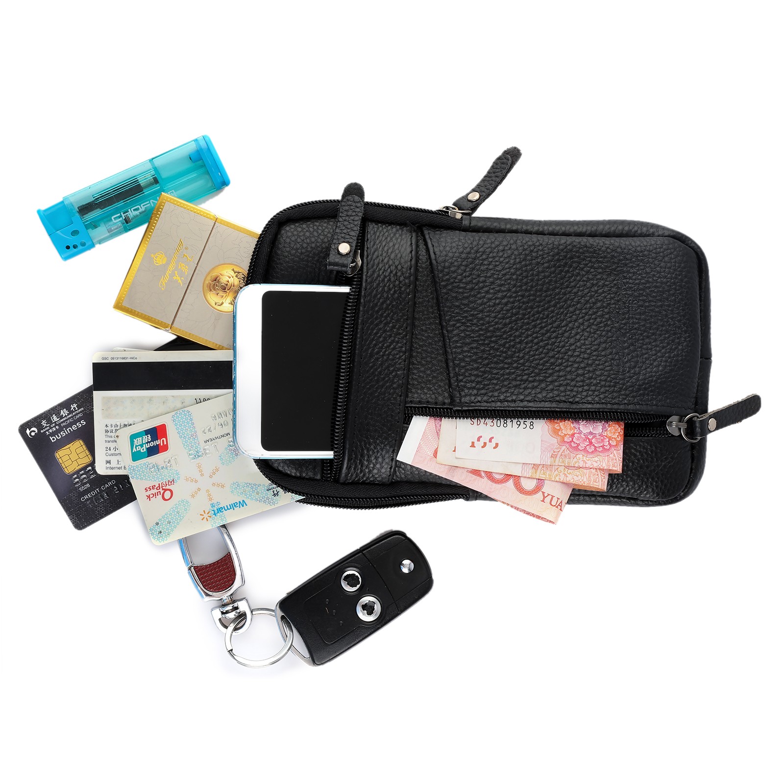 Men Leather Belt Bag Fashion Crossbody Phone Waist Pack 3-Zip Pouch Black/Brown