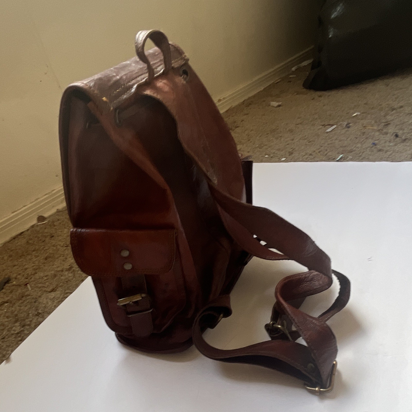Men’s Brown Backpack Drawstring & Buckle Flap, Outer Pockets, Canvas Lined