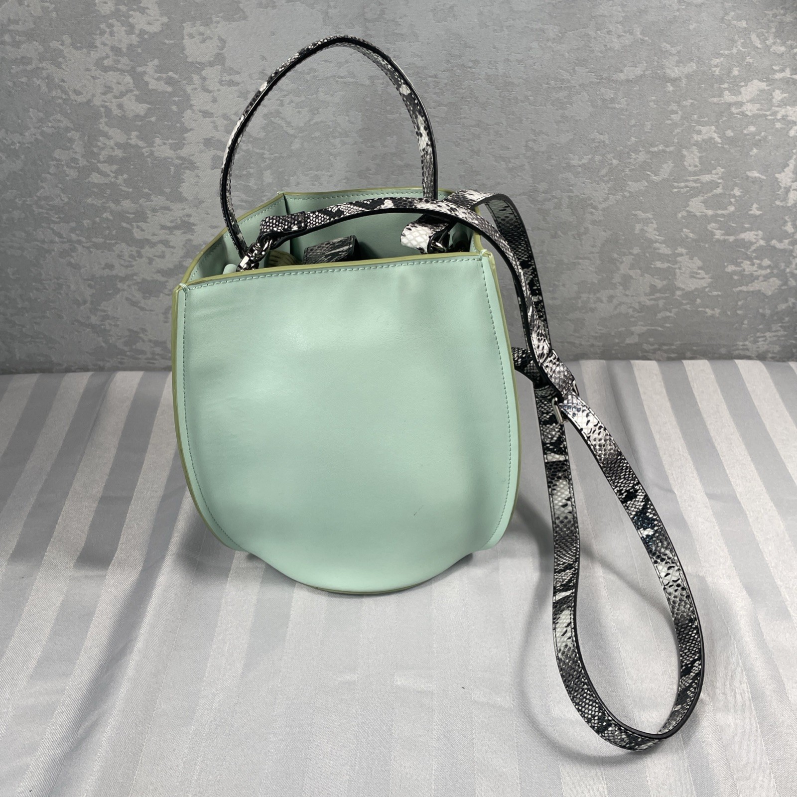 The Dilettante Mint Green Leather Bag Snakeskin Print Strap 2-Way Convertible