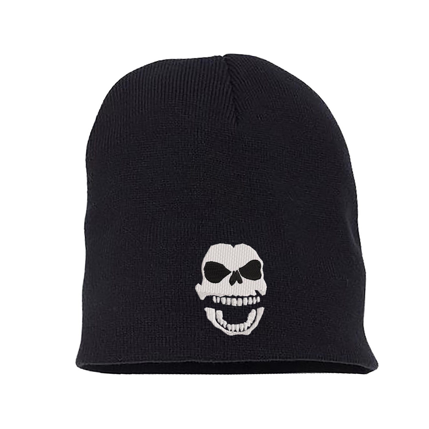Laughing skull head embroidered black skull beanie hat, custom short beanie