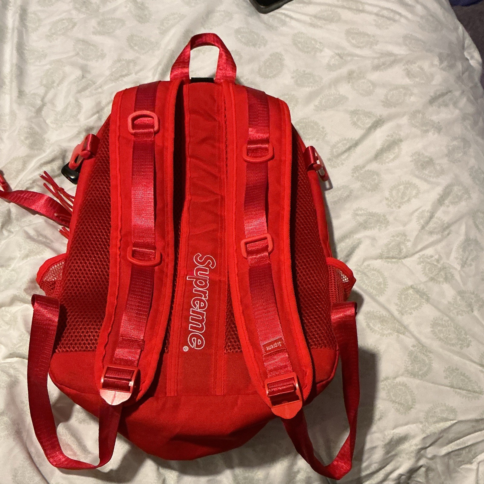 Supreme Red Backpack Zip Closure Outer Pockets Adjustable Straps Unisex