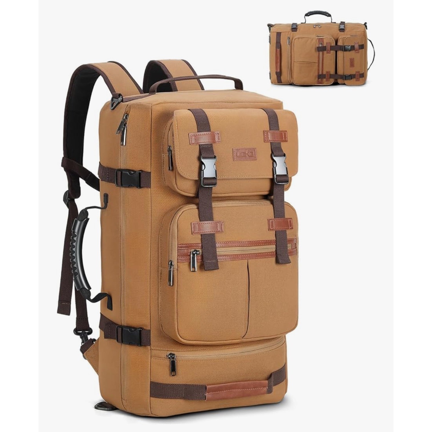 Leke 3-in-1 Convertible Travel Backpack Khaki Canvas 17.3 Laptop Bag 21x14x8