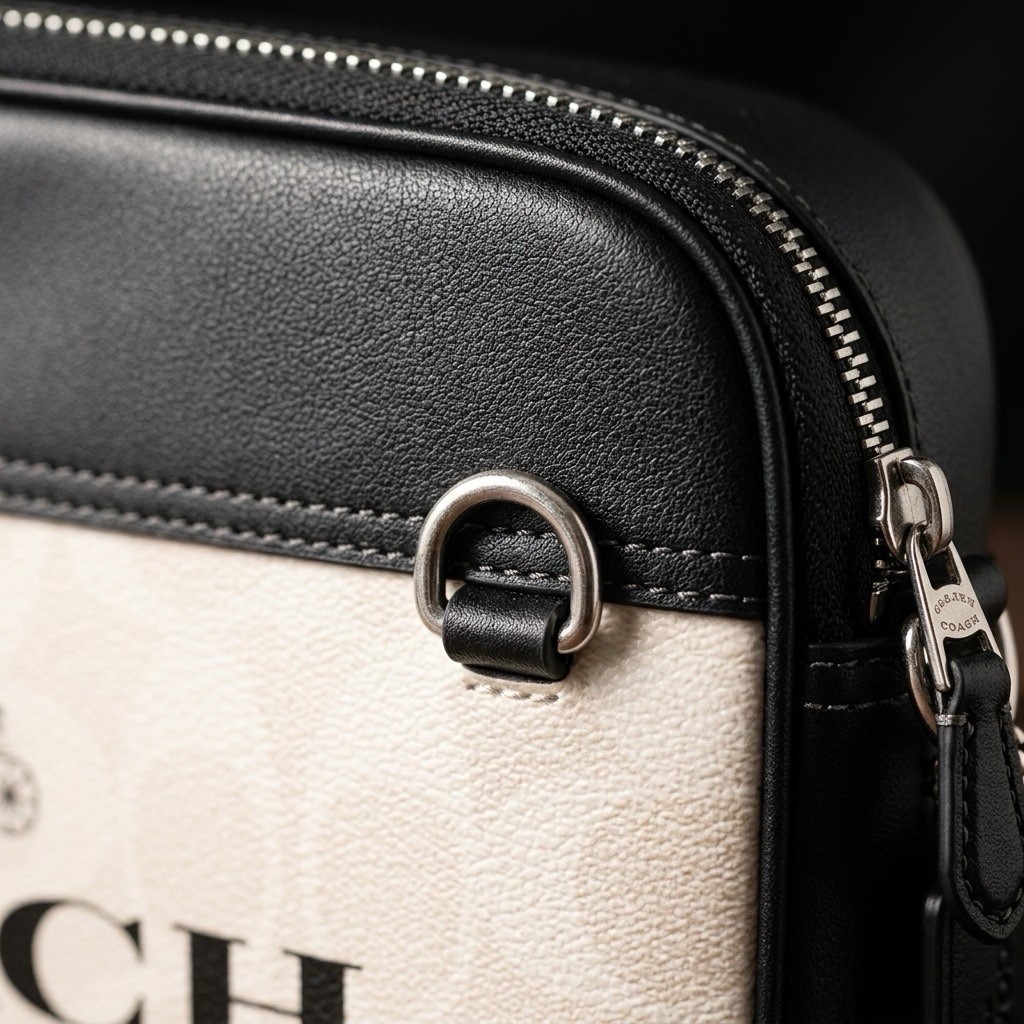 Coach Men’s Black and Beige Logo Crossbody Bag with Adjustable Strap