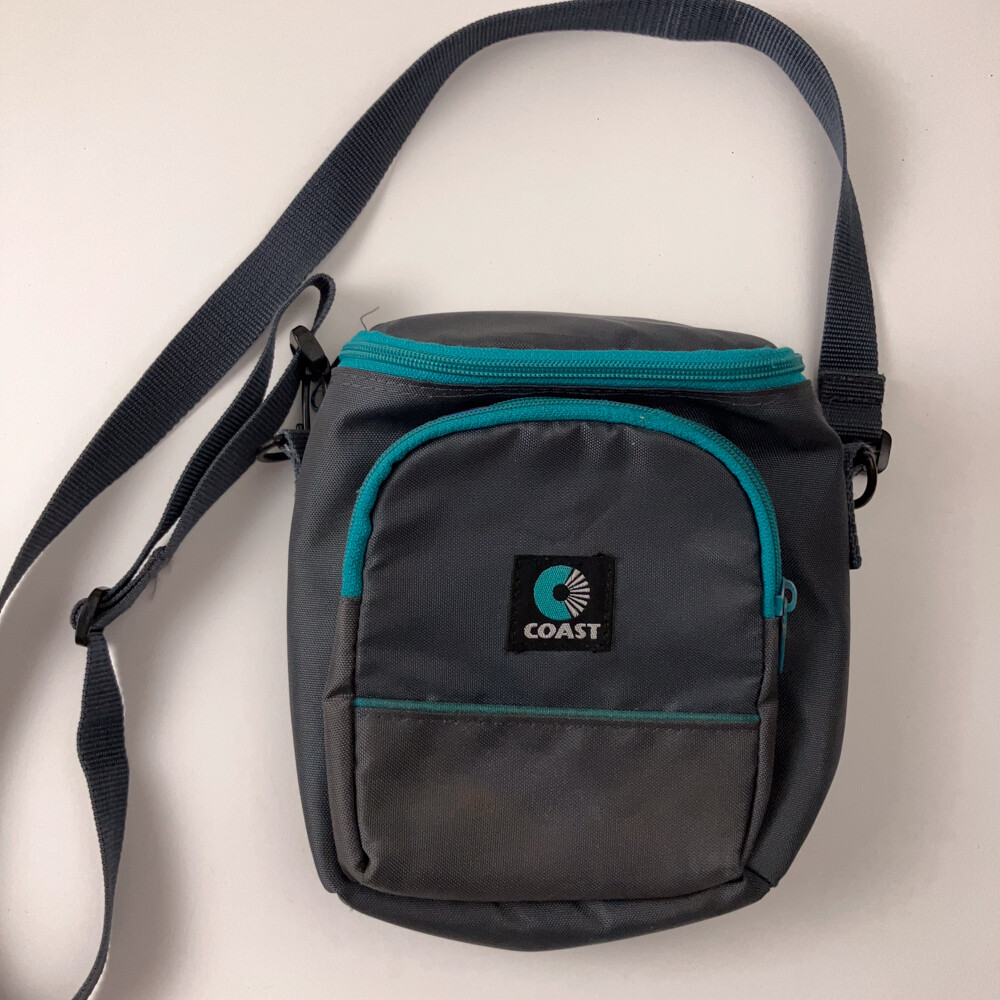 Retro Coast Gray Padded Crossbody with Teal zippers and purple interior