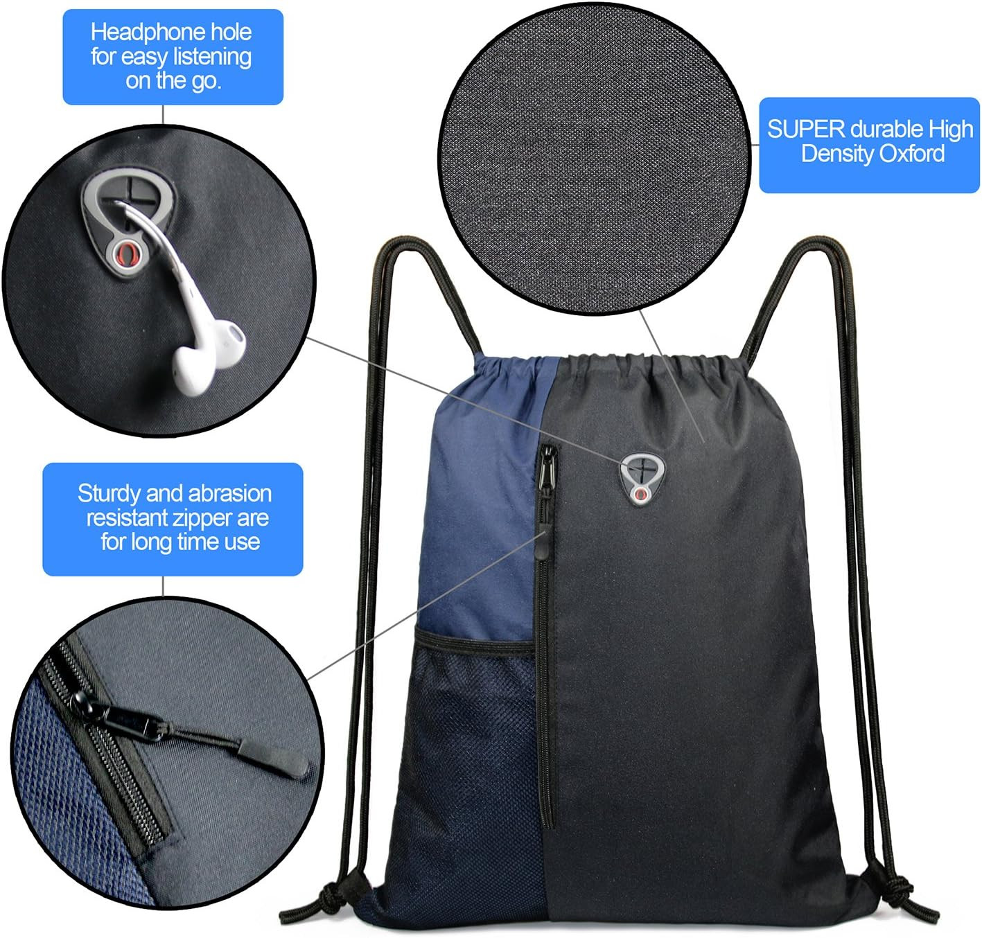 Drawstring Backpack Gym Bag with Pockets Water Bottle Mesh Black Navy