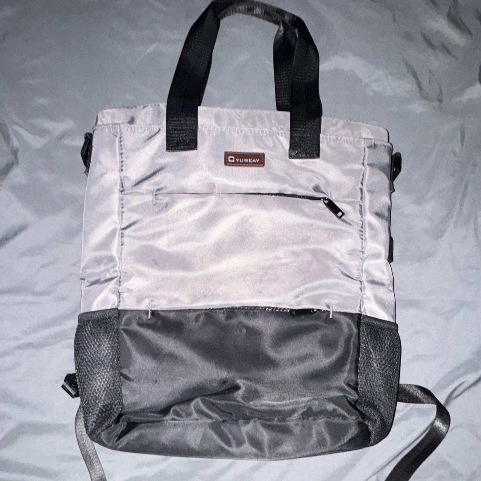 YUREAY Gray/Black Backpack Tote Bag, Zip Closure, Pockets, Adjustable Strap