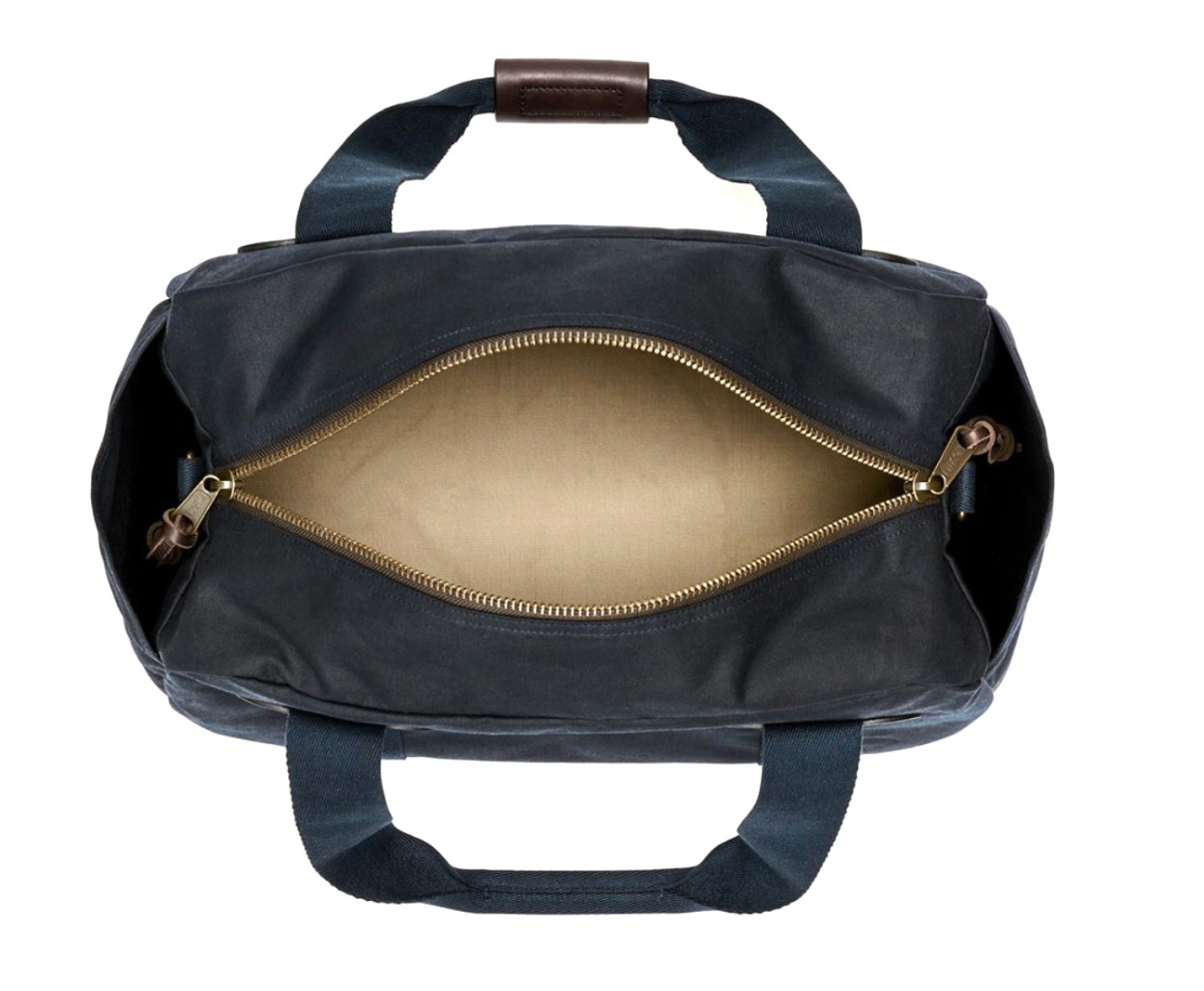 Filson Tin Cloth Duffle Bag Small Tan Navy Waxed Cotton Canvas Bridle Leather