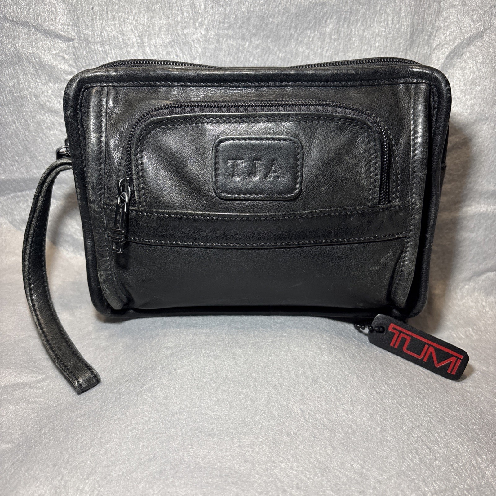 TUMI Second Bag Clutch Bag Leather Black Multi Pocket Japan W/ Charm Authentic