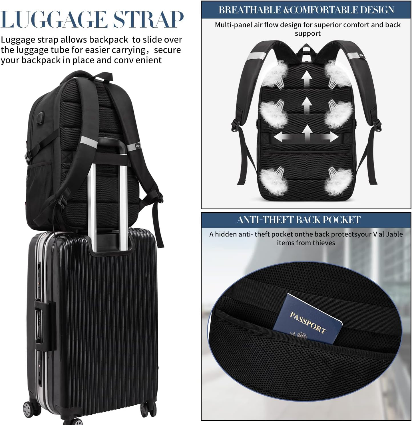 55L Extra Large Laptop Backpack 18.4″ TSA Carry On USB Travel School Bag Black