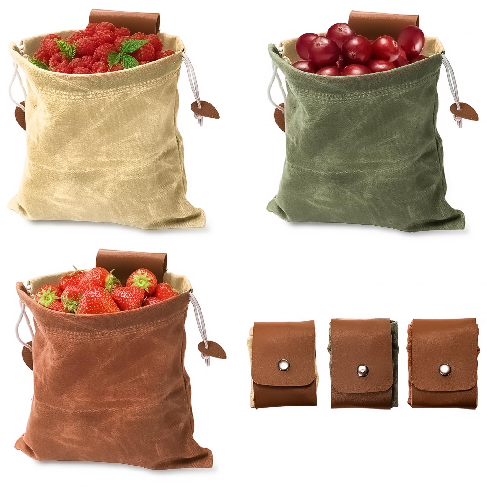 3 Pack Foraging Bag, Collapsible Waxed Canvas Bag, Leather Foraging Pouch Bas…