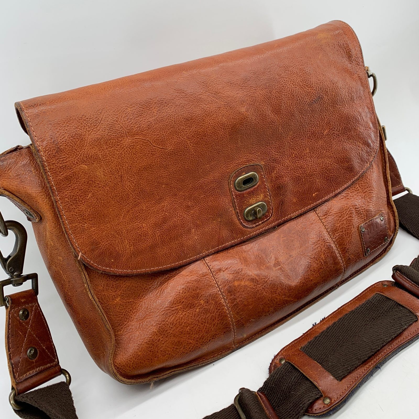 Will Leather Goods Brown Leather Messenger Bag Crossbody Satchel Plaid Interior