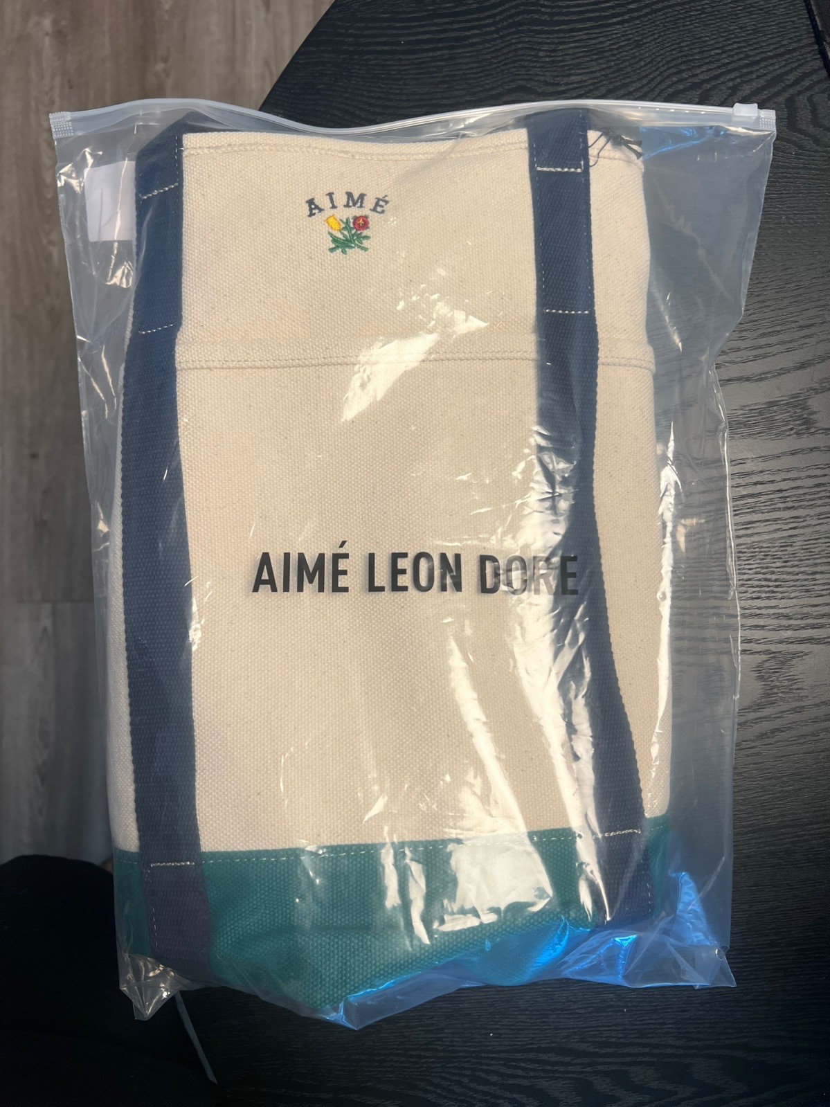 Aime Leon Dore Small Crest Canvas Tote Bag green bottom navy handle