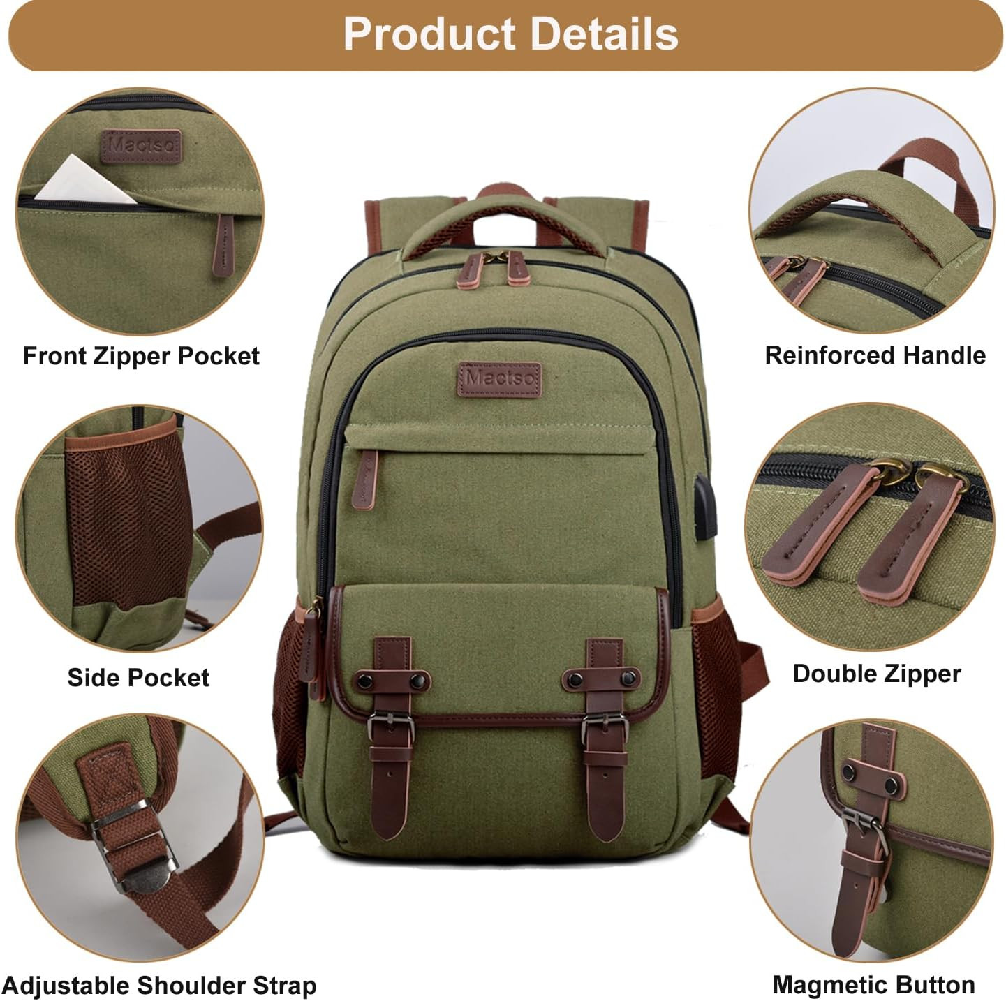 Stylish Canvas Laptop Backpack with USB Port for 15.6″ Laptop – Green
