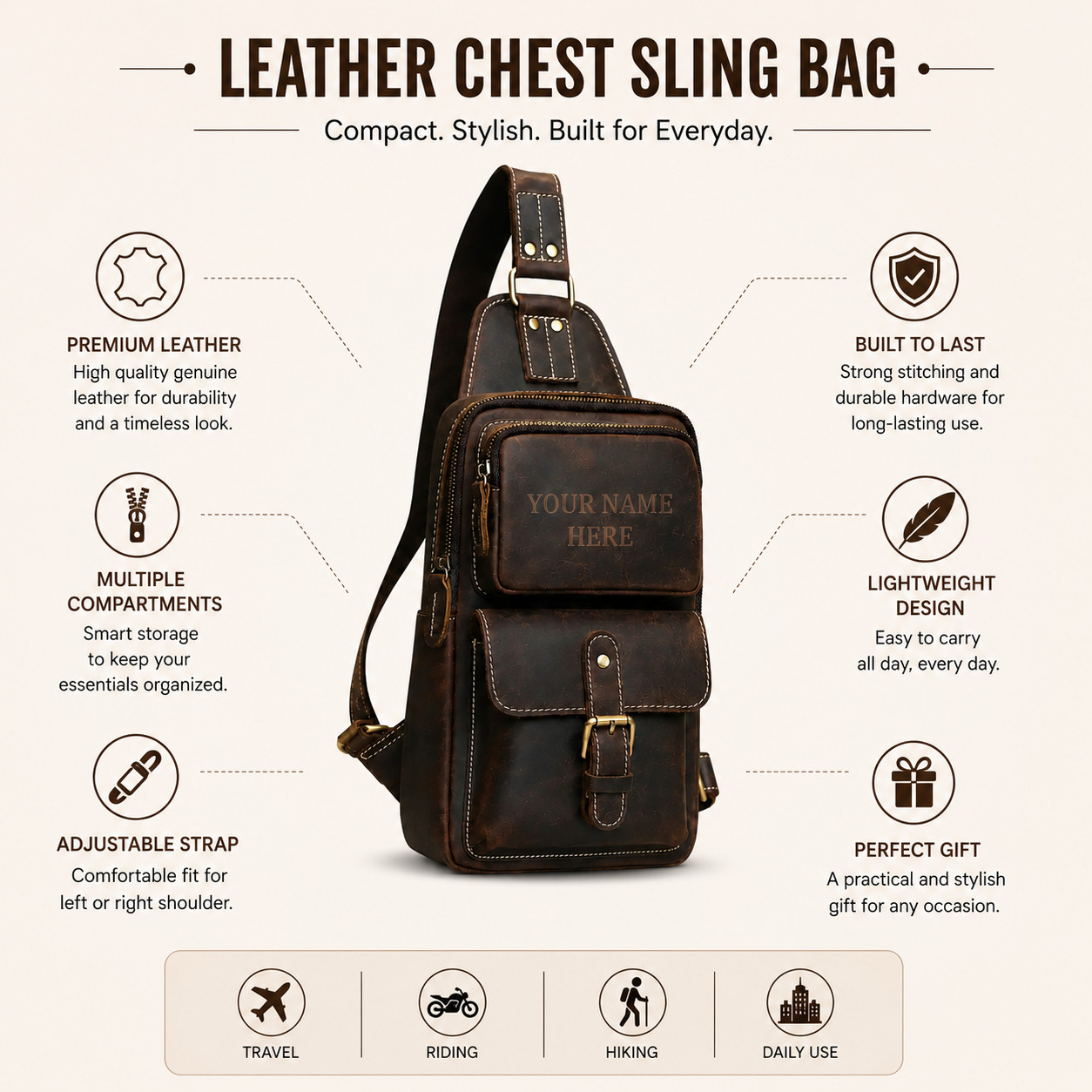 Personalized Vintage Leather Sling Backpack Men Custom Name Crossbody Chest bag