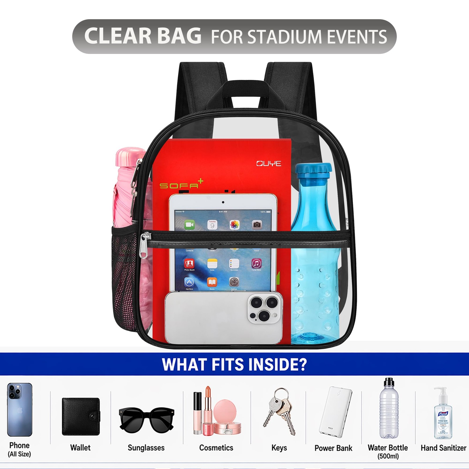 Clear Backpack Stadium Approved Waterproof Heavy Duty PVC 12x6x11 Concert Festiv