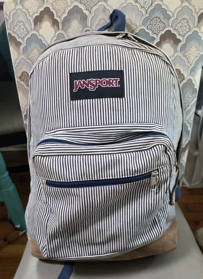 Jansport Right Pack Expressions Backpack Blue White Stripes Leather Bottom