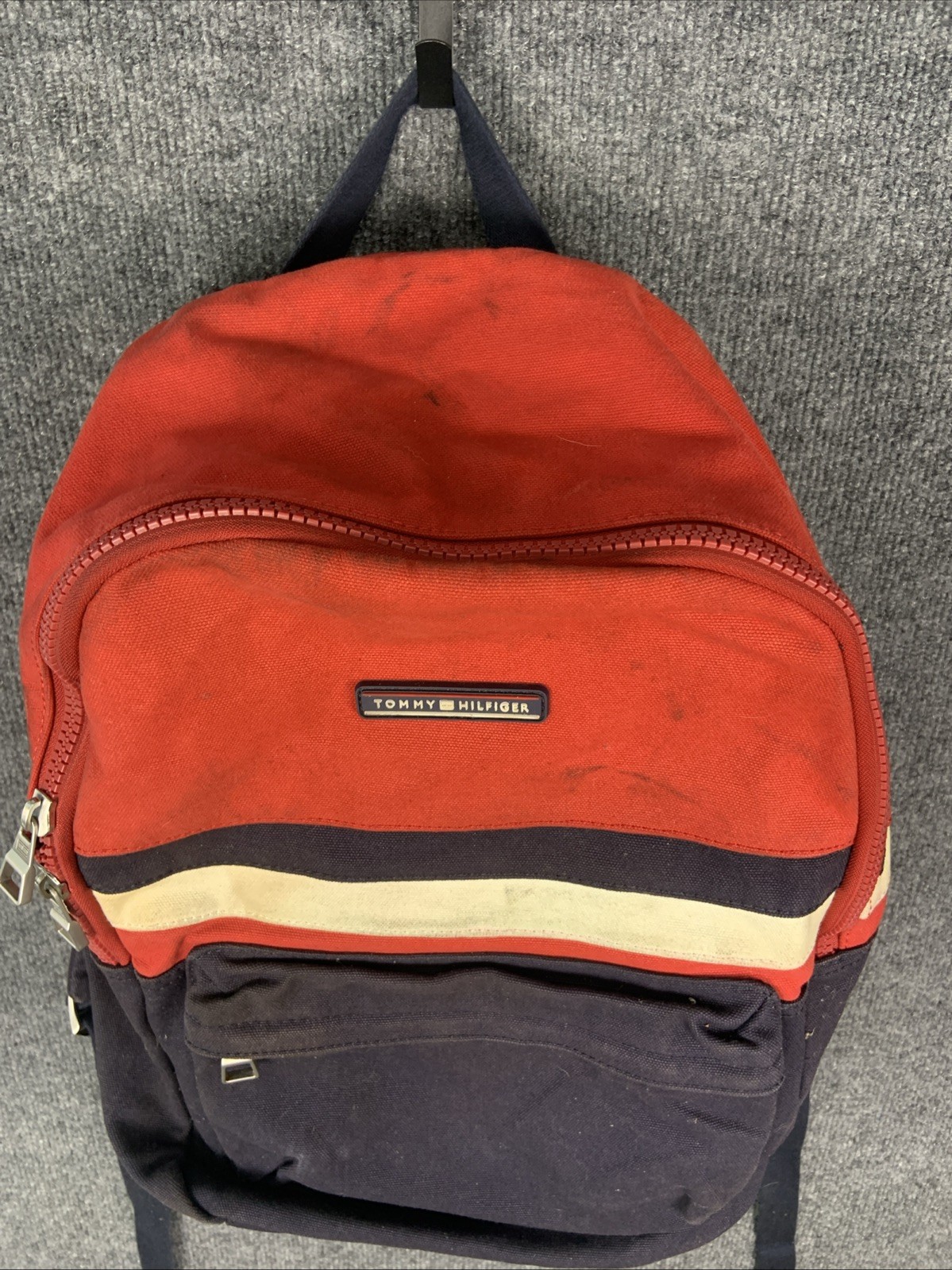 Vintage Tommy Hilfiger Red White Blue Navy 16″ Canvas Heavy Duty Backpack