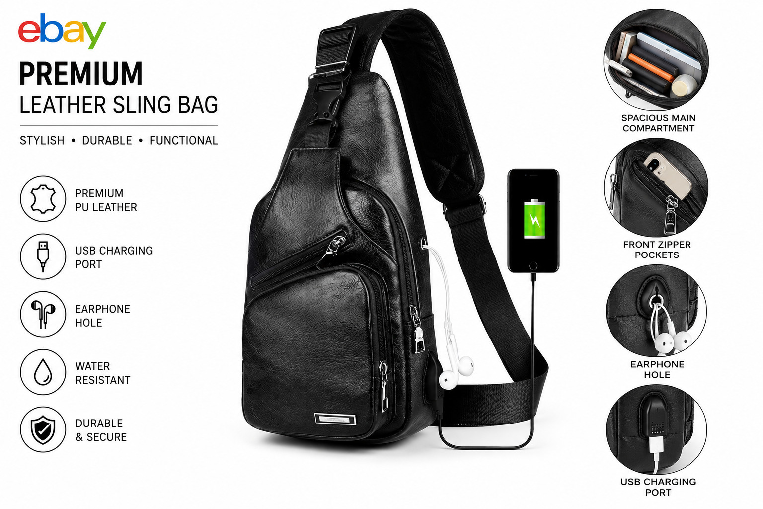 Black Chest Crossbody Bag Sling Backpack for Men w/USB Charge Port-Free Shipping