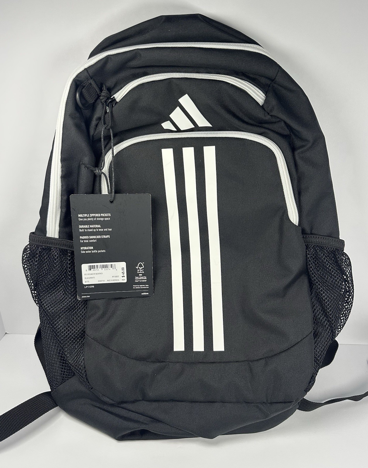 adidas BTS Originator Backpack Black/White 3-Stripes Zip Pockets Medium