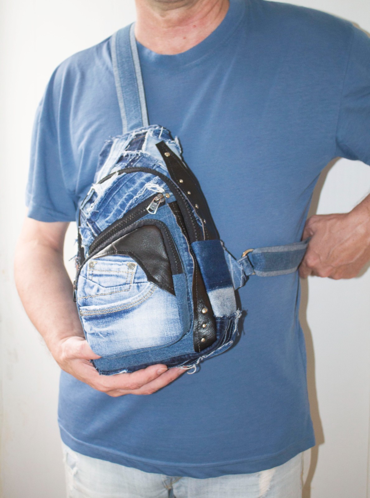 Denim single-strap chest backpack Upcycling Unisex sling bag