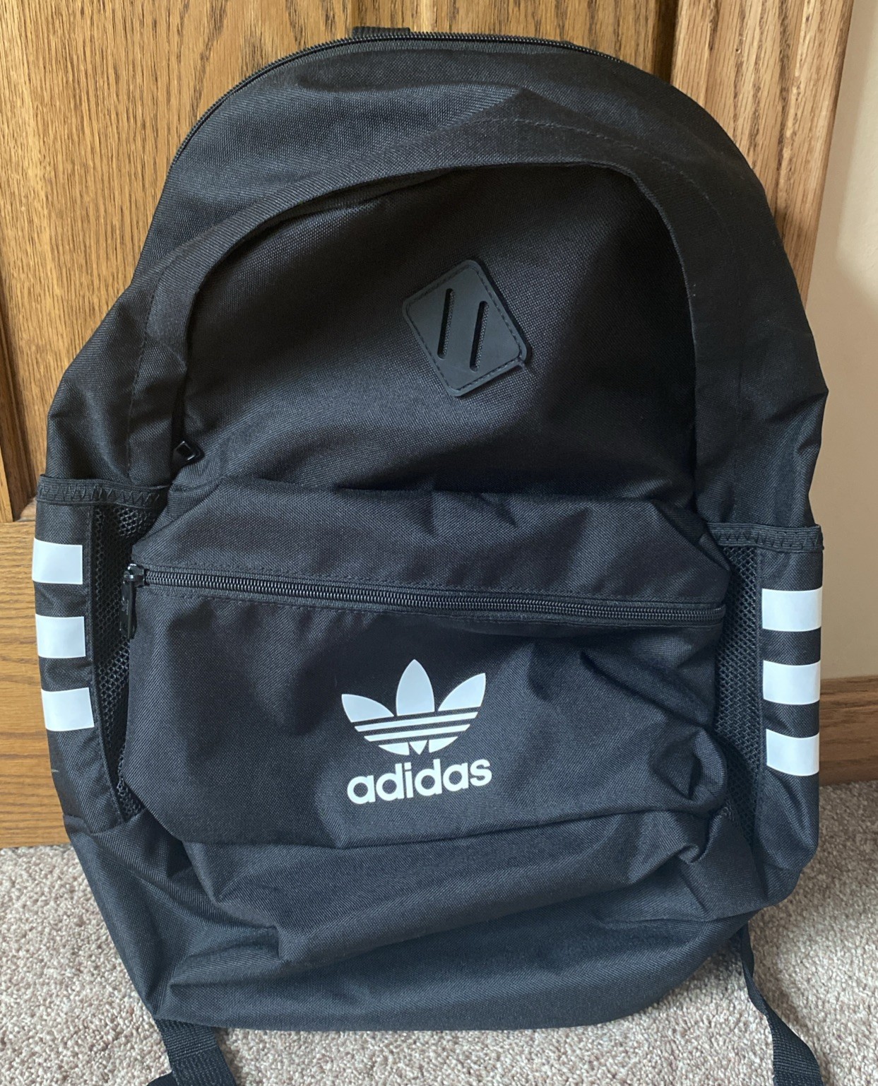 EUC Adidas Black Trefoil Logo Backpack with White Accents Adjustable Straps